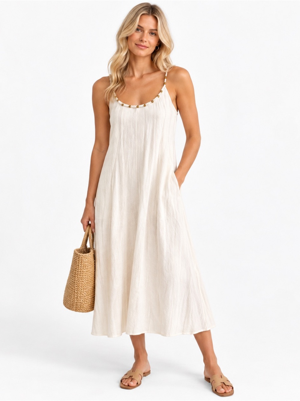 Calypso St. Barth Ivory Linen Blend Beaded Maxi Sundress Size S